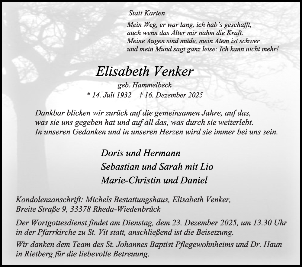  Traueranzeige für Elisabeth Venker vom 20.12.2025 aus Die Glocke