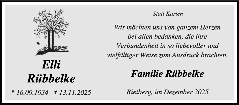  Traueranzeige für Elli Rübbelke vom 20.12.2025 aus Die Glocke
