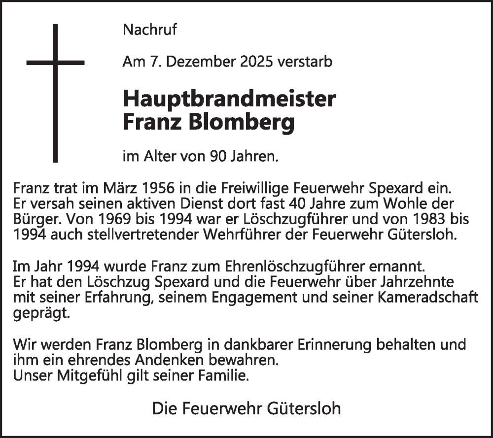  Traueranzeige für Franz Blomberg vom 13.12.2025 aus Die Glocke