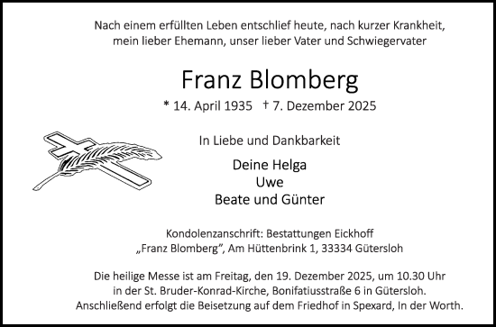 Traueranzeige von Franz Blomberg von Die Glocke
