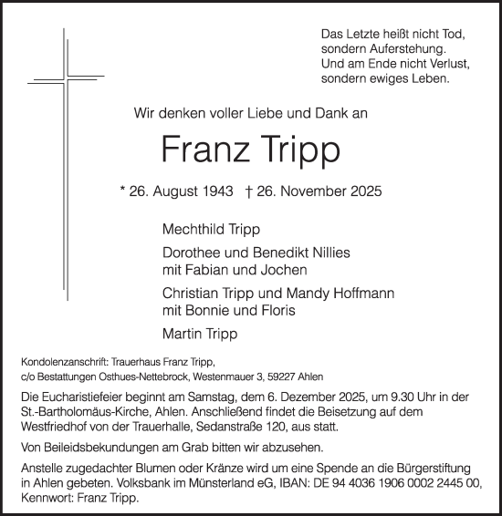 Traueranzeige von Franz Tripp von Die Glocke