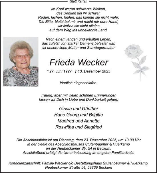 Traueranzeige von Frieda Wecker von Die Glocke