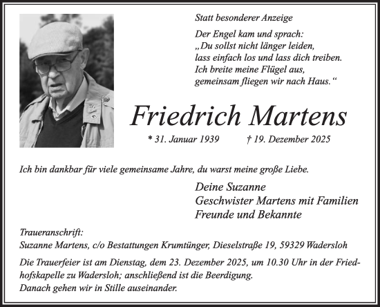 Traueranzeige von Friedrich Martens von Die Glocke