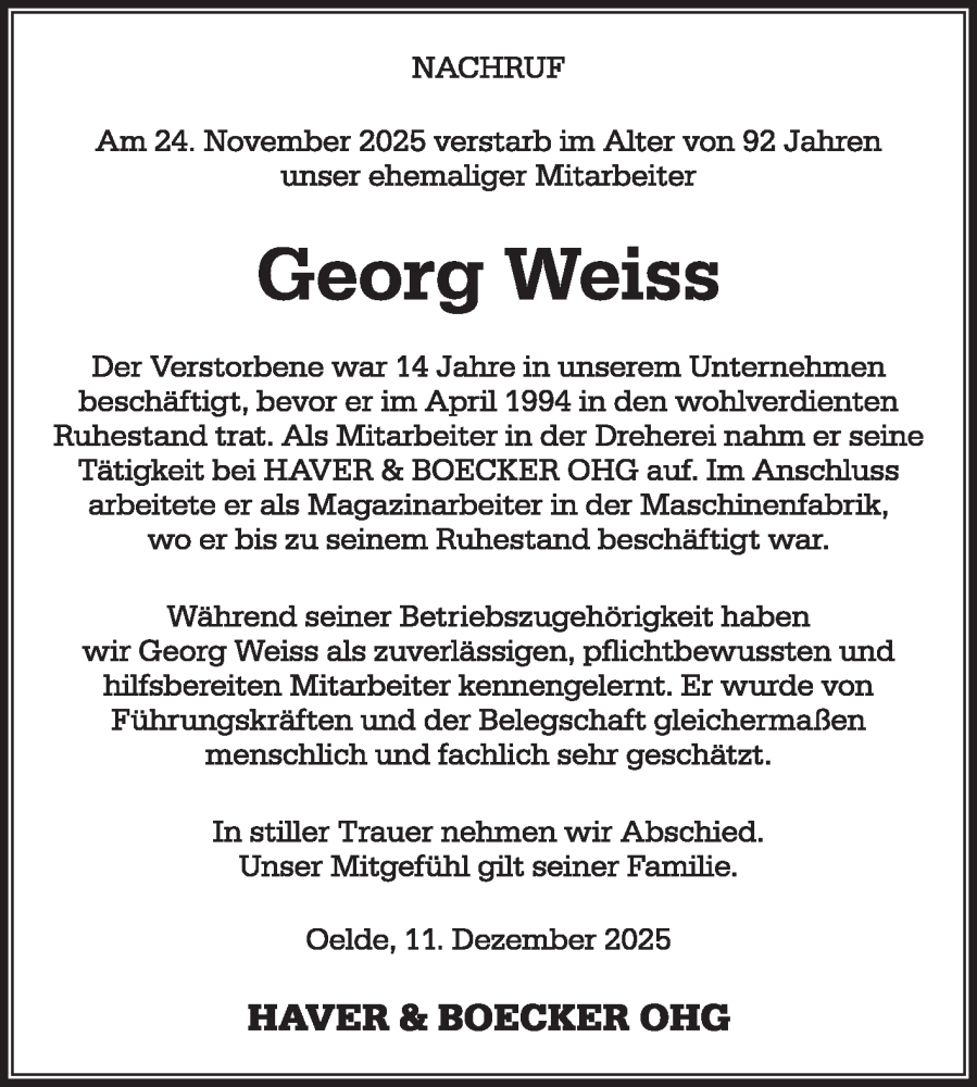  Traueranzeige für Georg Weiss vom 13.12.2025 aus Die Glocke