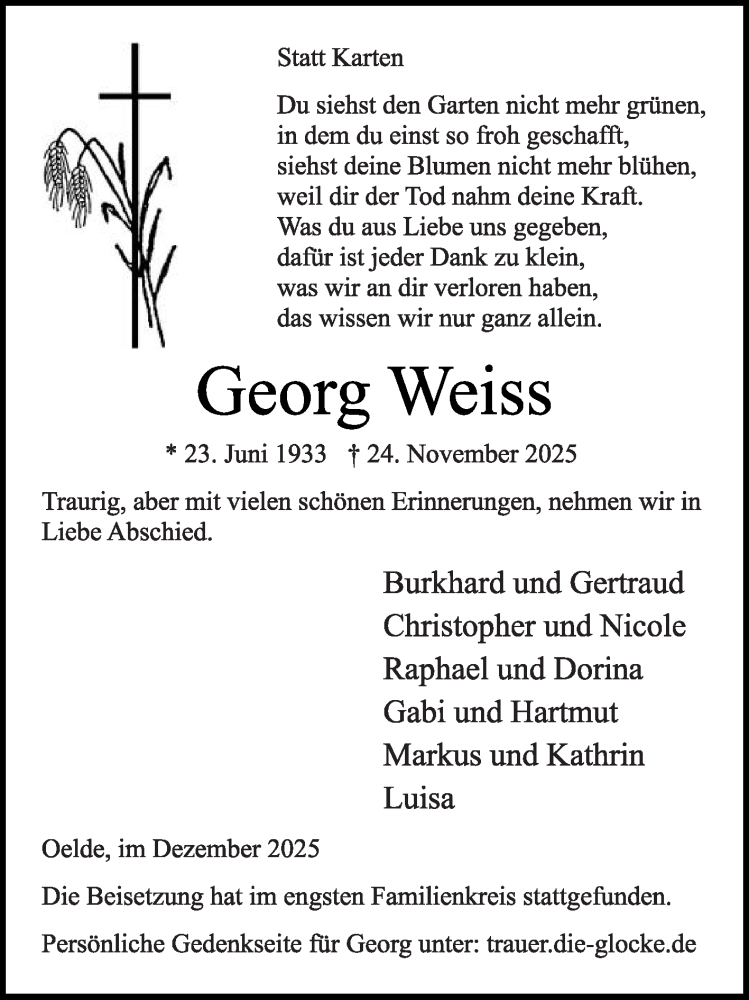  Traueranzeige für Georg Weiss vom 13.12.2025 aus Die Glocke