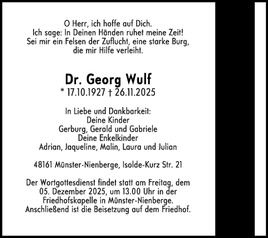 Traueranzeige von Georg Wulf von Die Glocke