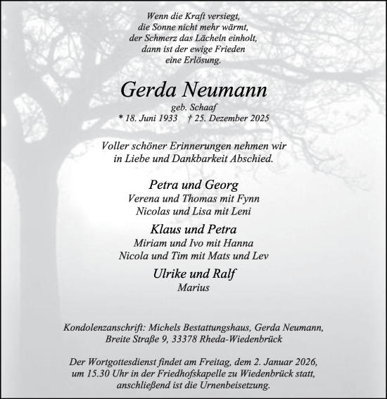 Traueranzeige von Gerda Neumann von Die Glocke