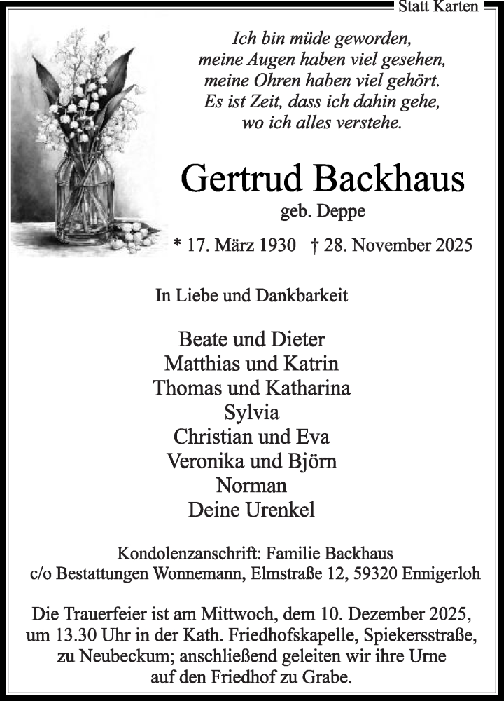  Traueranzeige für Gertrud Backhaus vom 06.12.2025 aus Die Glocke