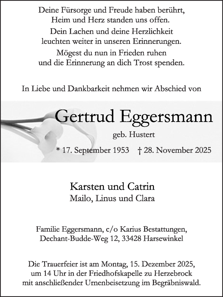  Traueranzeige für Gertrud Eggersmann vom 06.12.2025 aus Die Glocke