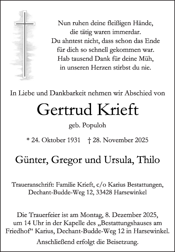  Traueranzeige für Gertrud Krieft vom 03.12.2025 aus Die Glocke