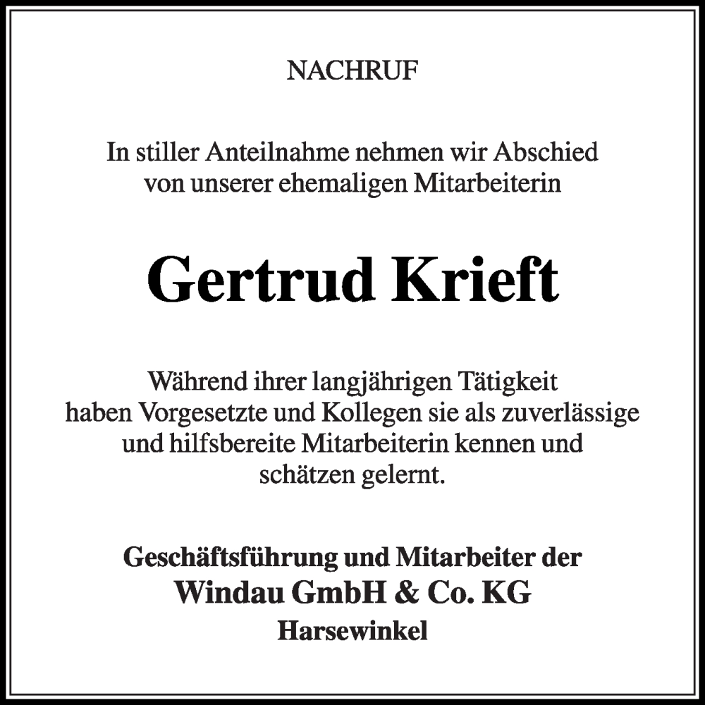  Traueranzeige für Gertrud Krieft vom 06.12.2025 aus Die Glocke