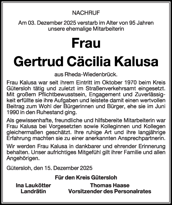 Traueranzeige von Gertrud Cäcilia Kalusa von Die Glocke