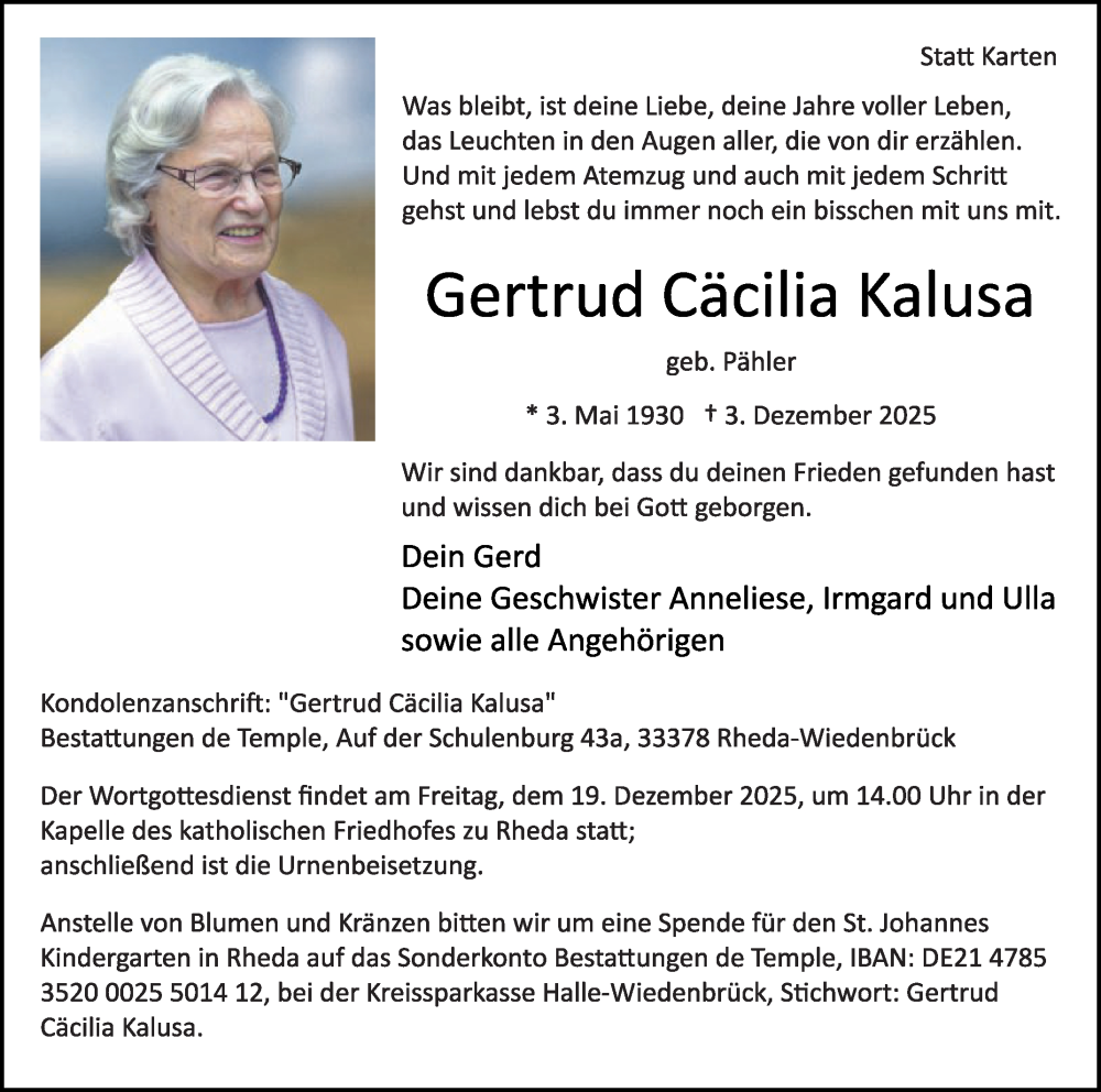  Traueranzeige für Gertrud Cäcilia Kalusa vom 13.12.2025 aus Die Glocke
