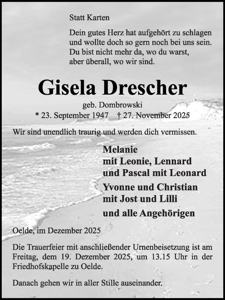  Traueranzeige für Gisela Drescher vom 13.12.2025 aus Die Glocke