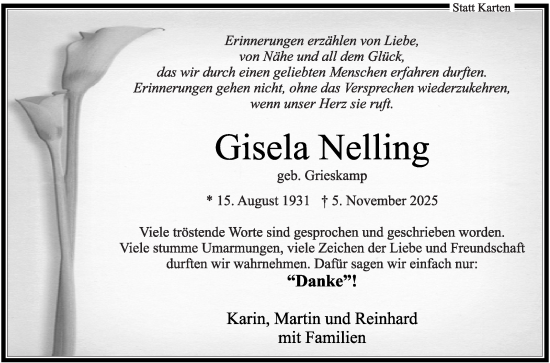 Traueranzeige von Gisela Nelling von Die Glocke