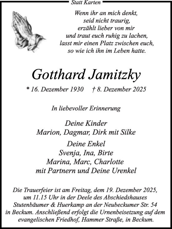 Traueranzeige von Gotthard Jamitzky von Die Glocke