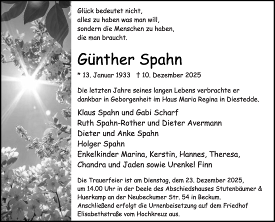 Traueranzeige von Günther Spahn von Die Glocke