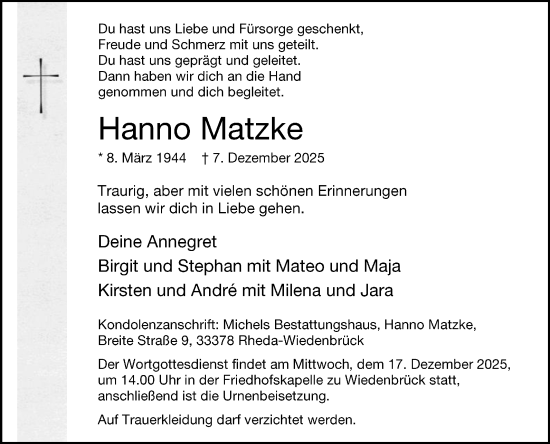 Traueranzeige von Hanno Matzke von Die Glocke