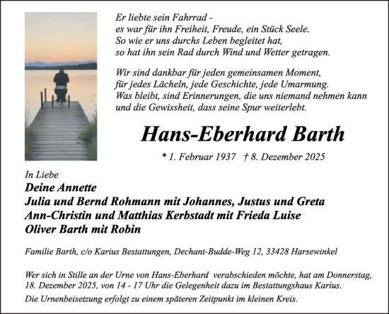 Traueranzeige von Hans-Eberhard Barth von Die Glocke