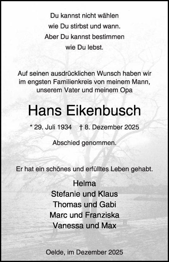 Traueranzeige von Hans Eikenbusch von Die Glocke