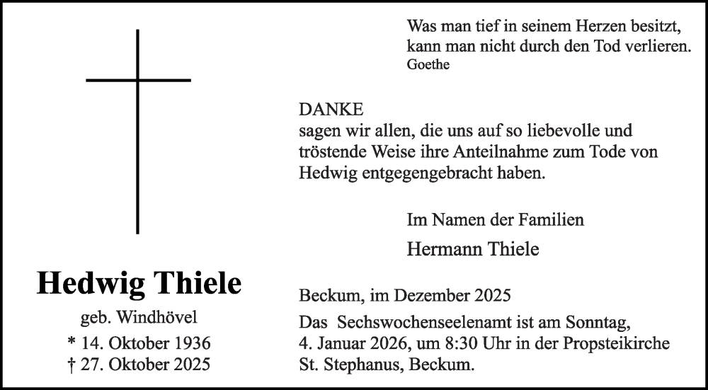  Traueranzeige für Hedwig Thiele vom 20.12.2025 aus Die Glocke