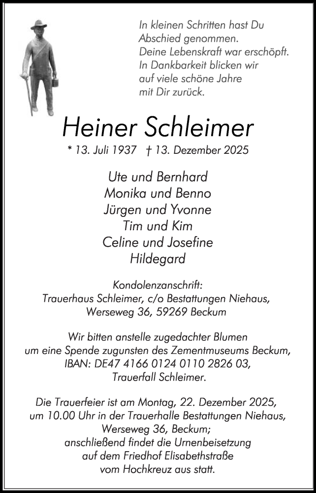  Traueranzeige für Heiner Schleimer vom 20.12.2025 aus Die Glocke