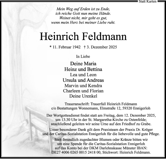 Traueranzeige von Heinrich Feldmann von Die Glocke