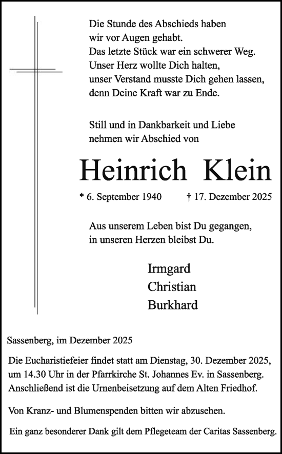 Traueranzeige von Heinrich Klein von Die Glocke