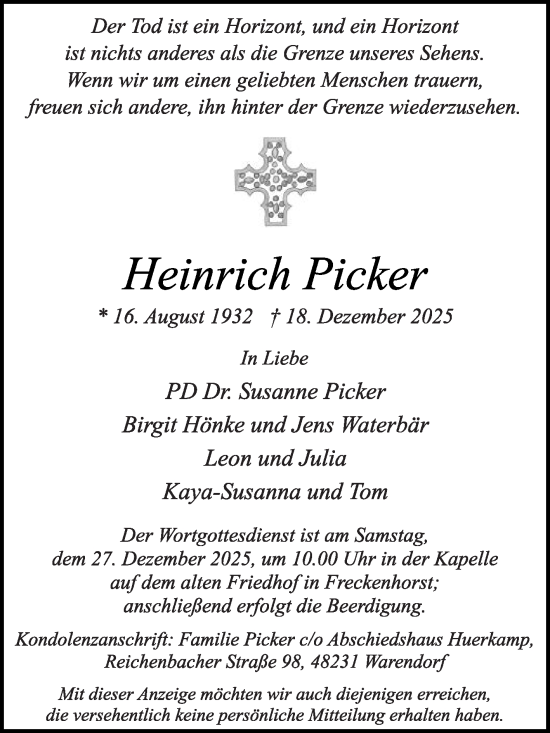 Traueranzeige von Heinrich Picker von Die Glocke