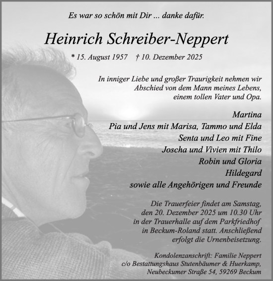 Traueranzeige von Heinrich Schreiber-Neppert von Die Glocke