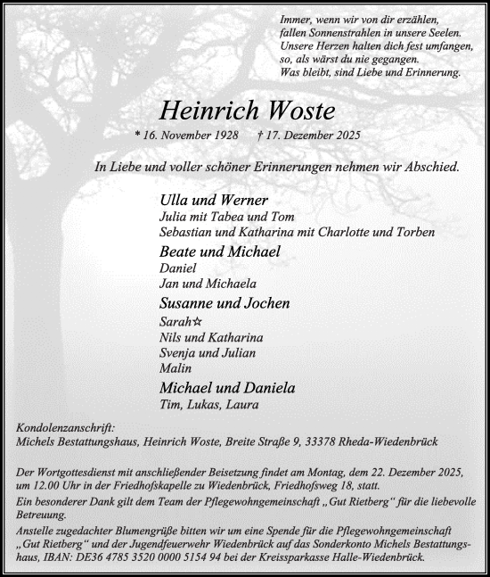 Traueranzeige von Heinrich Woste von Die Glocke