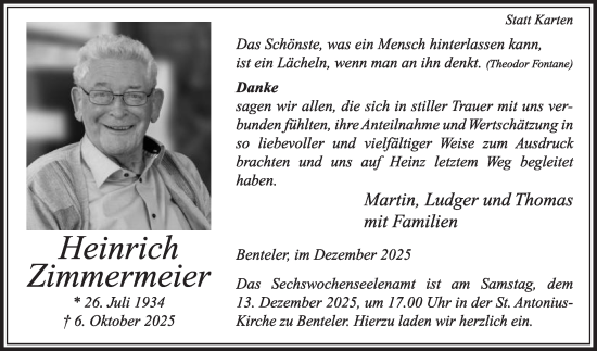 Traueranzeige von Heinrich Zimmermeier von Die Glocke