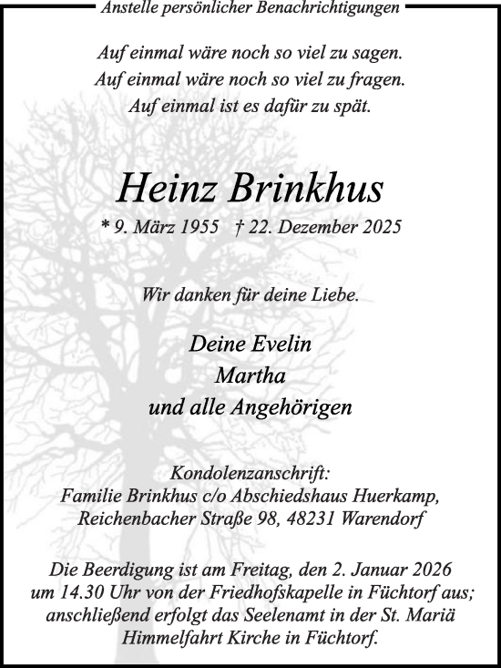 Traueranzeige von Heinz Brinkhus von Die Glocke