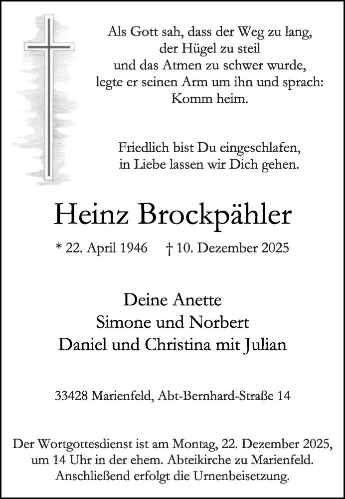  Traueranzeige für Heinz Brockpähler vom 13.12.2025 aus Die Glocke