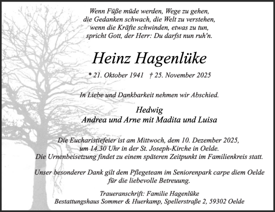Traueranzeige von Heinz Hagenlüke von Die Glocke