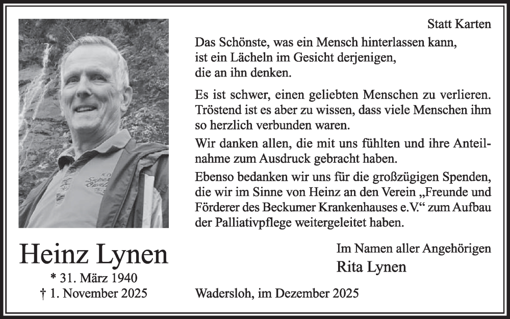  Traueranzeige für Heinz Lynen vom 20.12.2025 aus Die Glocke