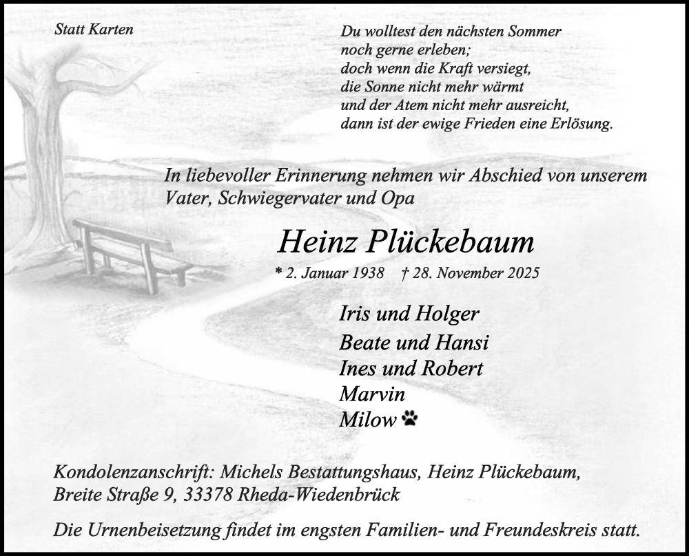  Traueranzeige für Heinz Plückebaum vom 06.12.2025 aus Die Glocke