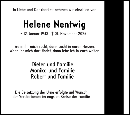 Traueranzeige von Helene Nentwig von Die Glocke