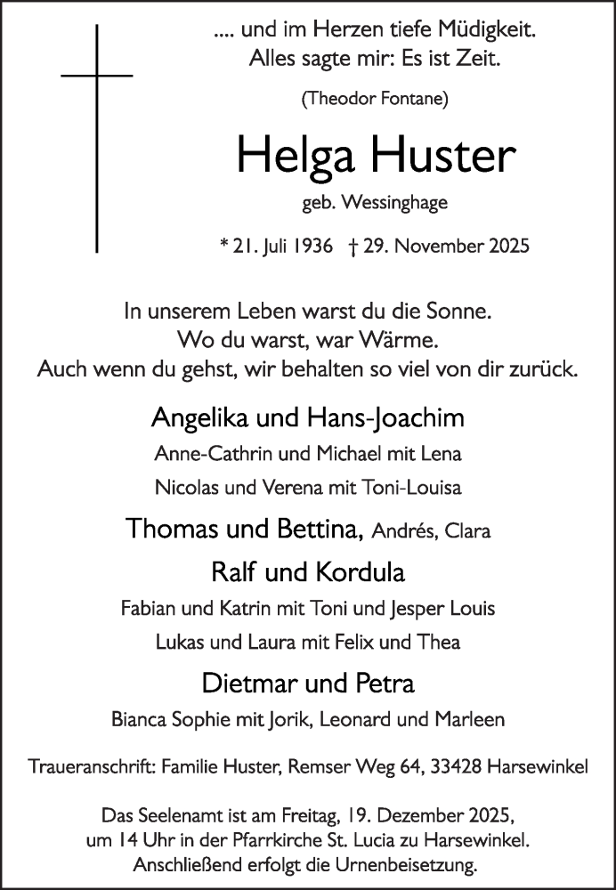  Traueranzeige für Helga Huster vom 06.12.2025 aus Die Glocke