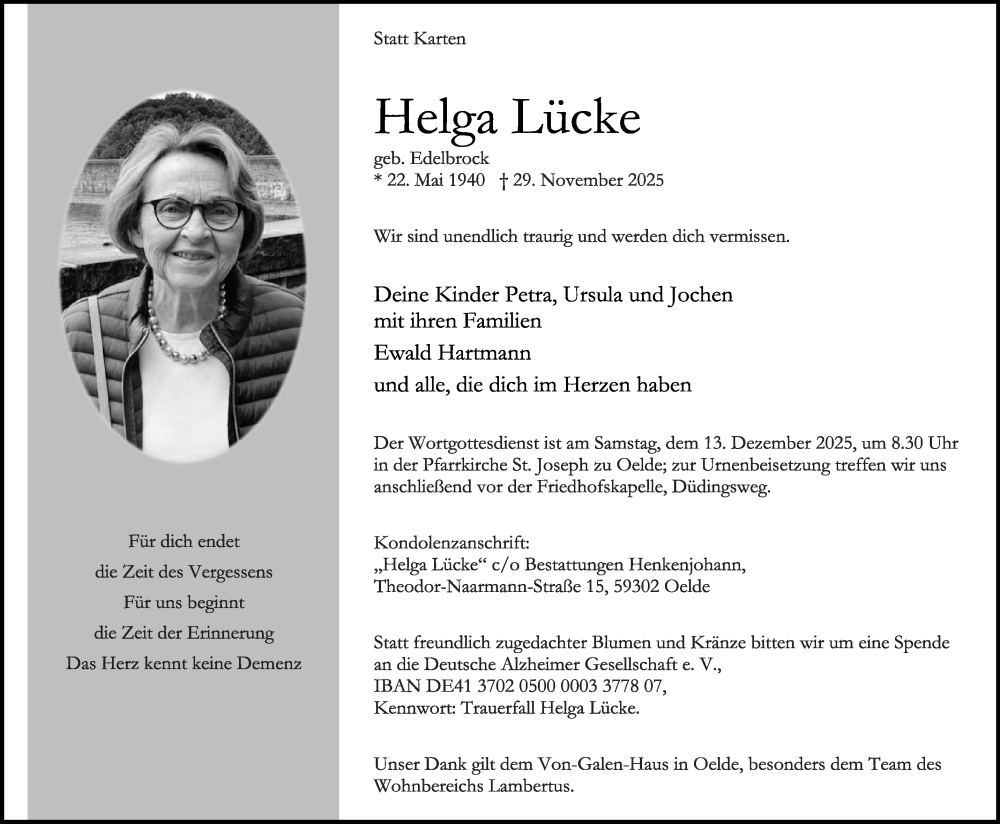  Traueranzeige für Helga Lücke vom 06.12.2025 aus Die Glocke