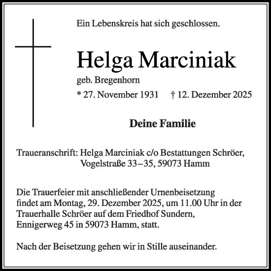 Traueranzeige von Helga Marciniak von Die Glocke