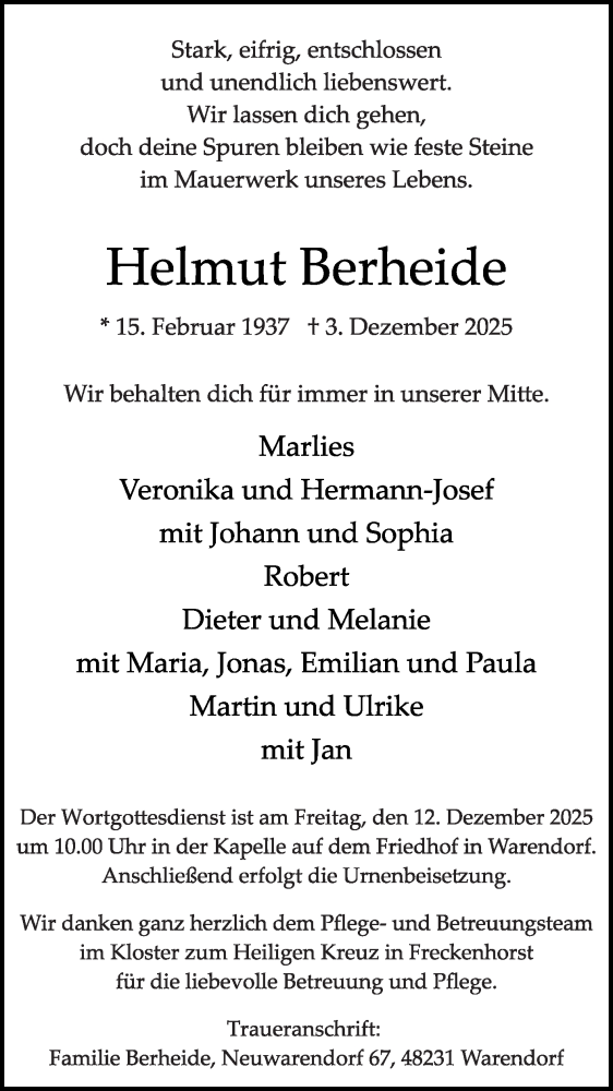  Traueranzeige für Helmut Berheide vom 06.12.2025 aus Die Glocke