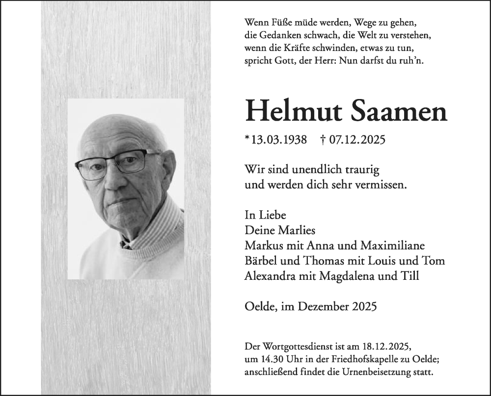  Traueranzeige für Helmut Saamen vom 13.12.2025 aus Die Glocke