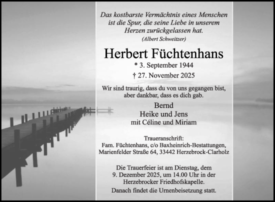 Traueranzeige von Herbert Füchtenhans von Die Glocke