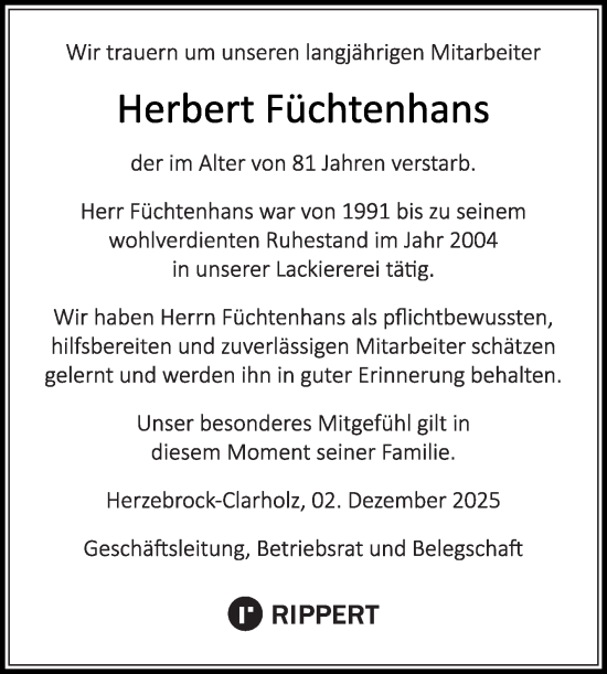 Traueranzeige von Herbert Füchtenhans von Die Glocke