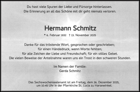 Traueranzeige von Hermann Schmitz von Die Glocke