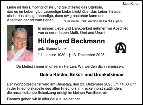 Traueranzeige von Hildegard Beckmann von Die Glocke