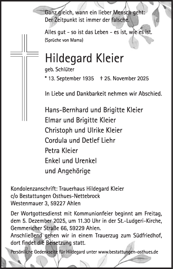 Traueranzeige von Hildegard Kleier von Die Glocke