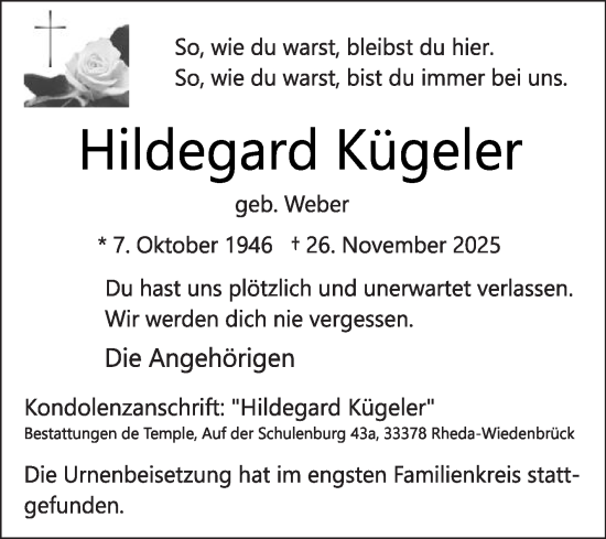 Traueranzeige von Hildegard Kügeler von Die Glocke