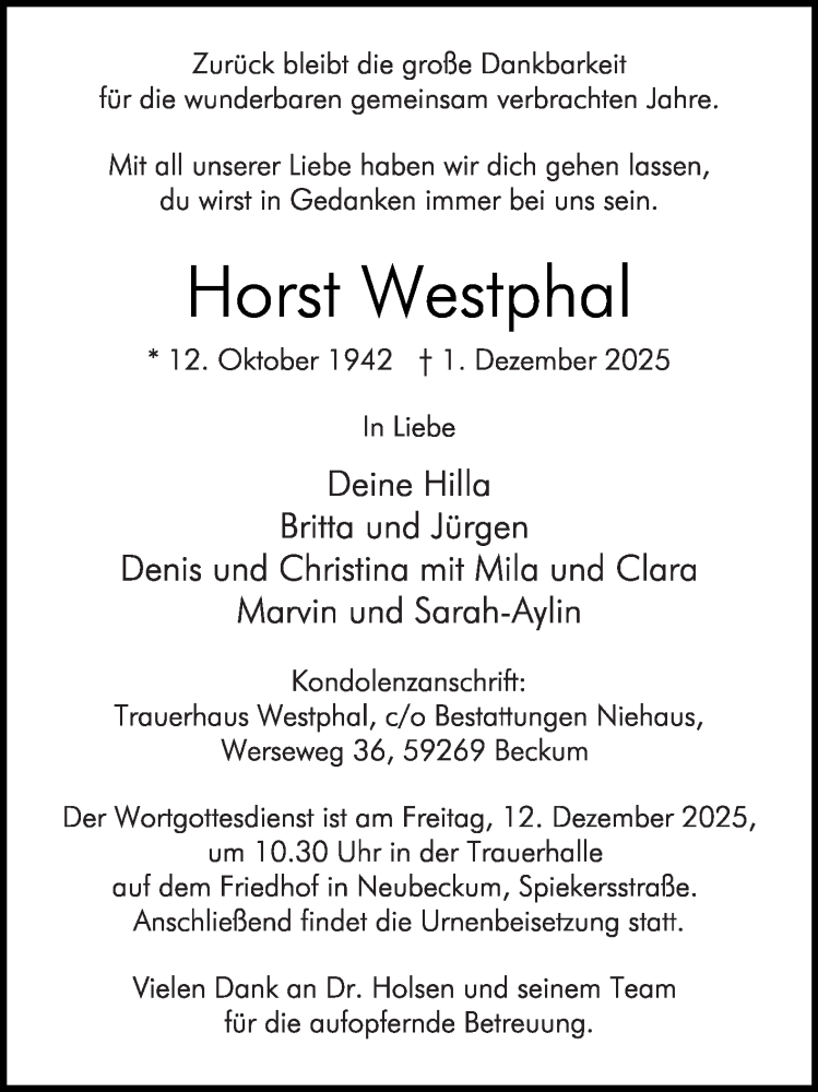  Traueranzeige für Horst Westphal vom 06.12.2025 aus Die Glocke